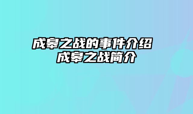 成皋之战的事件介绍 成皋之战简介