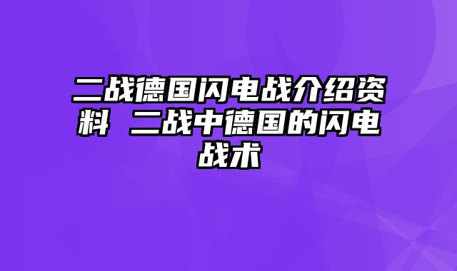 二战德国闪电战介绍资料 二战中德国的闪电战术