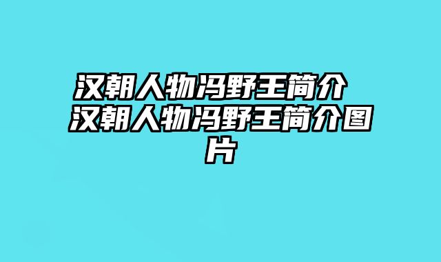 汉朝人物冯野王简介 汉朝人物冯野王简介图片